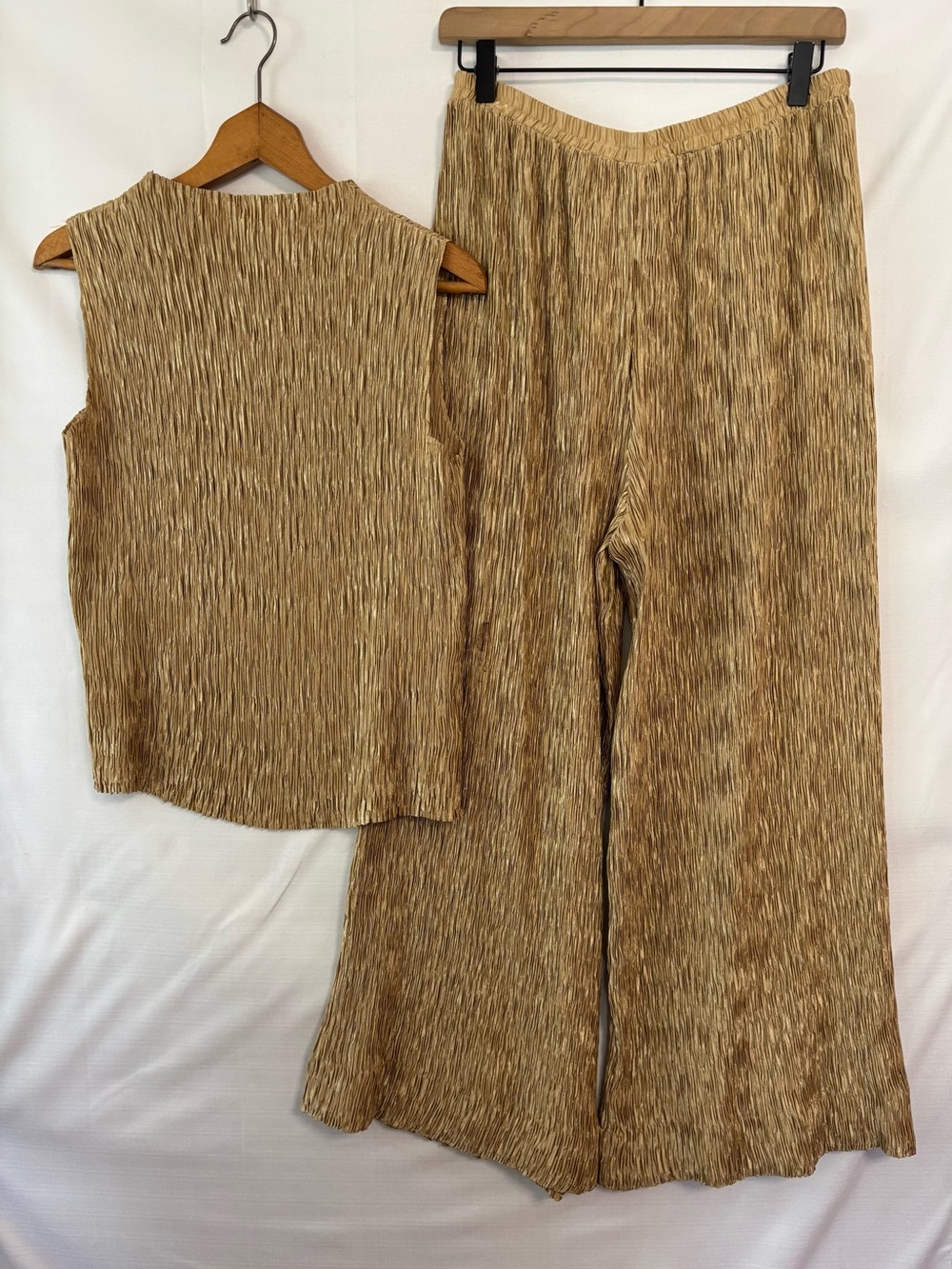 VINTAGE C’EST DUO BLACK LABEL Tan Plisse Two-Piece Pant Set Size Medium - Picture 2 of 7